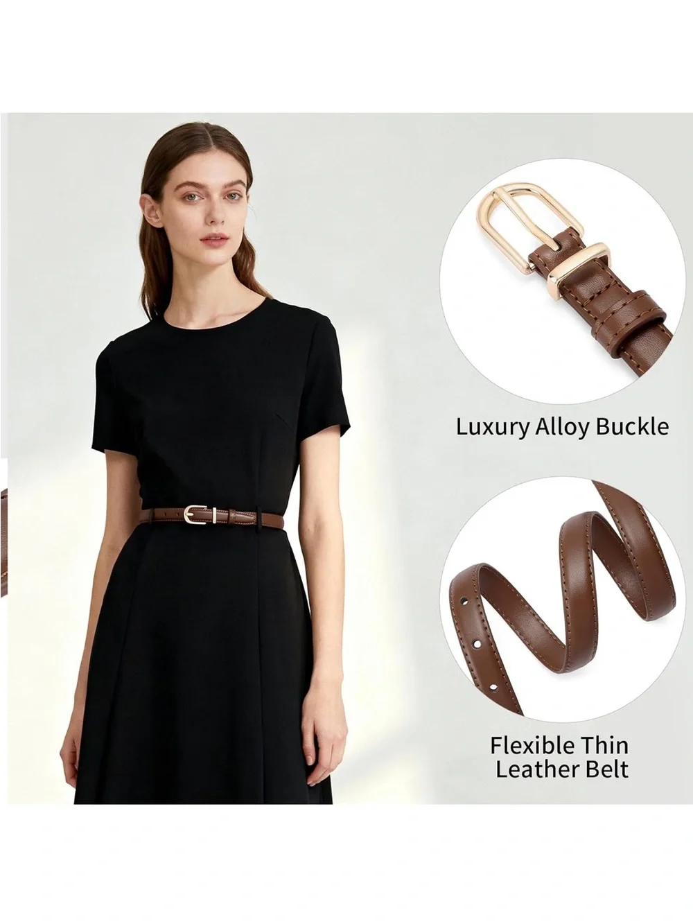 Genuine Leather Waist Belt for Jeans Dresses with Gold Buckle